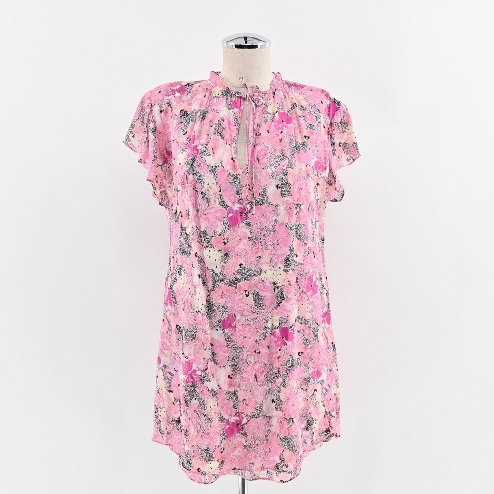 THE KOOPLES Short Pink Dress Size XS Floral Paisley Print Frilly Sleeve Mini